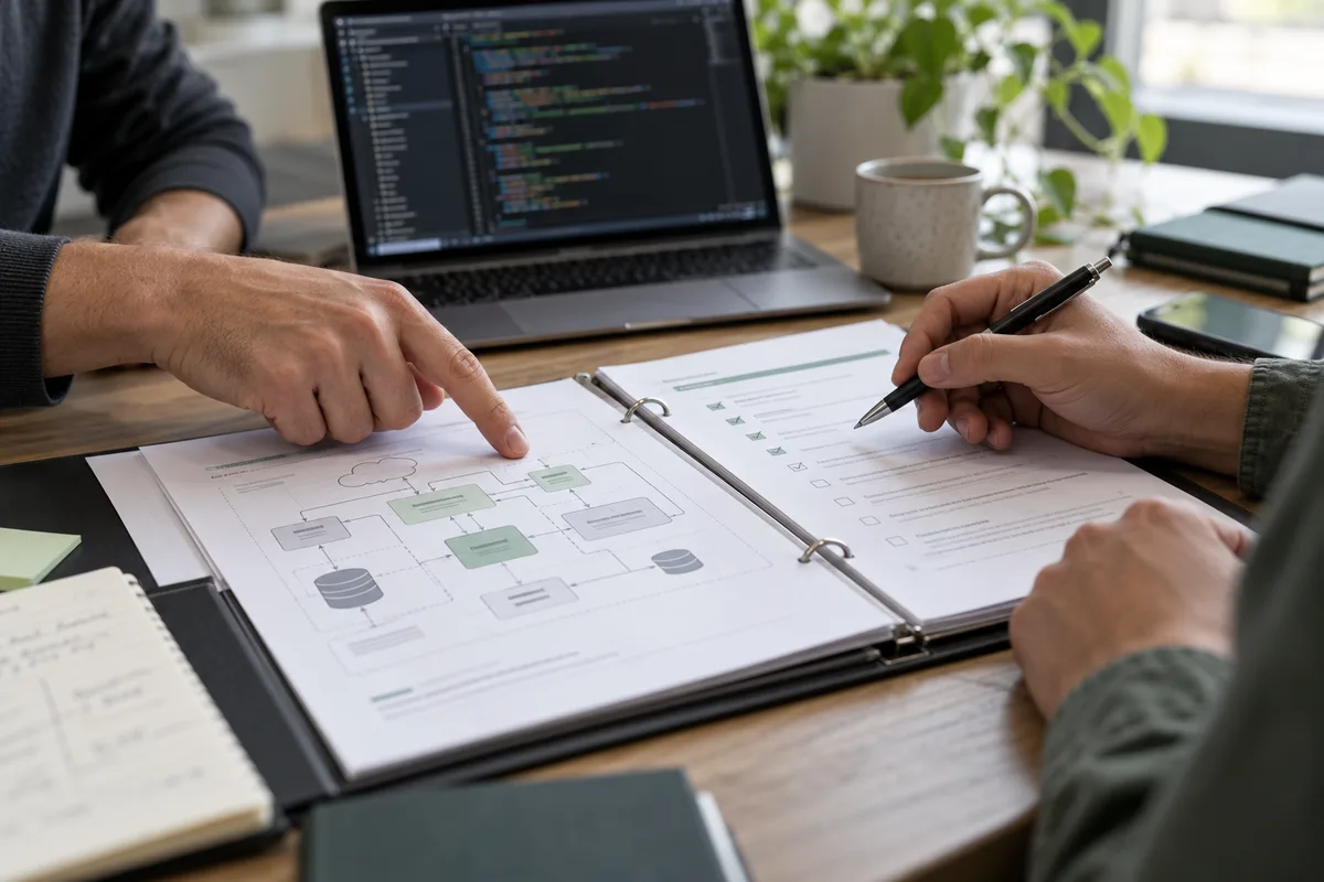 Colleagues reviewing a software architecture diagram and handoff checklist