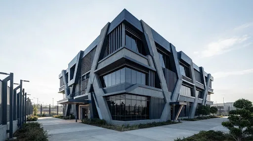 Modern building with exposed structural supports